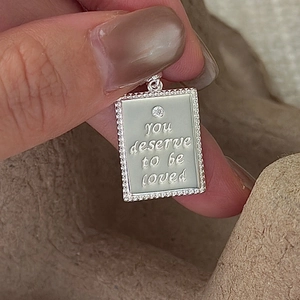 S925 silver square pendant with you deserve to be loved engraving and zircon stone
