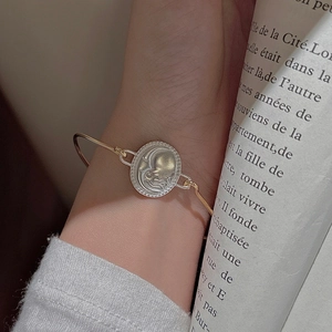 Vintage S925 silver moon and sun bangle with gold and silver two-tone contrast finish