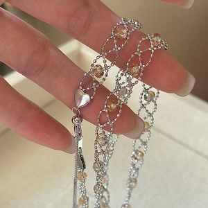 Elegant 925 Sterling Silver Lace Woven Mesh Necklace Rhinestone Beaded Choker Heart Clasp French Vintage Style Women Jewelry