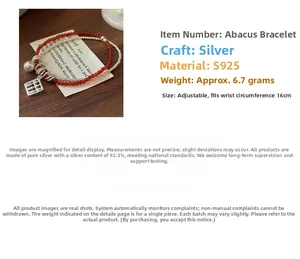Close-up of S925 sterling silver abacus bracelet with red agate beads and elastic band