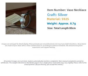 Macro detail of S925 sterling silver vase pendant with measurements and 8.7g weight info