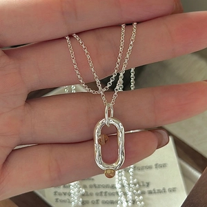 925 Sterling Silver Irregular Oval Pendant Necklace For Women Retro Texture Yellow Rhinestone Inlaid Clavicle Chain Jewelry