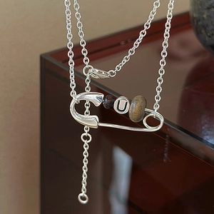 Collier Épingle de Sûreté en Argent Sterling 925 Rétro Style Coréen Lettre U Perles Pendentif Chaîne Clavicule Bijoux Femme
