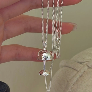 Collier en Argent Sterling 925 pour Femmes Design Coréen de Niche Pendentif Lampe Champignon Rétro Longue Chaîne Bijoux