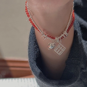 S925 sterling silver abacus bracelet with red agate beads and double-layer retro design