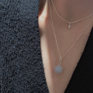 S925 sterling silver layered necklace featuring a light purple bead and water drop pendant