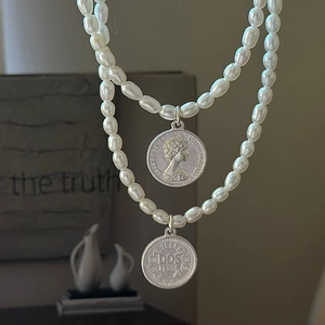 925 Sterling Silver Artificial Pearl Necklace Vintage Double Layer Queen Elizabeth II Portrait Coin Pendant Clavicle Chain For Women