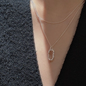 S925 silver double layer necklace with citrine pendant shown on model's neck
