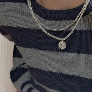 Double-layered S925 silver necklace with white pearls and retro coin relief pendant