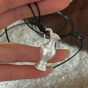 925 Sterling Silver Mini Pitcher Pendant Necklace For Women Matte Frosted Vase Shape Retro Ins Style Jewelry Wax Cord Long Chain