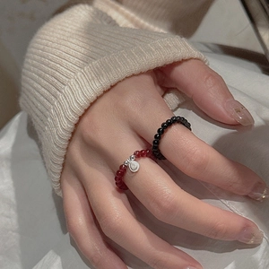 S925 sterling silver retro beaded ring set featuring dark red and black beads and charms
