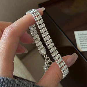 S925 Sterling Silver Multilayer Beaded Bracelet Retro Korean Design Glitter Bead Adjustable Chain Women Fashion Jewelry Gift
