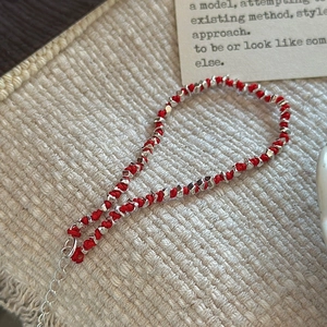 Minimalist S925 sterling silver woven red rope bracelet with irregular silver beads