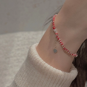 Handmade woven red string bracelet with S925 sterling silver heart pendant and beads