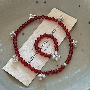 Ensemble bracelet et bague en argent S925 avec perles d'agate rouge et cloches
