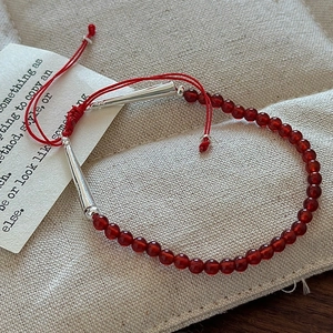 Minimalist S925 sterling silver red agate beaded bracelet with adjustable woven cord