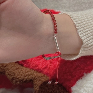 S925 sterling silver beaded bracelet with red agate beads and adjustable red cord