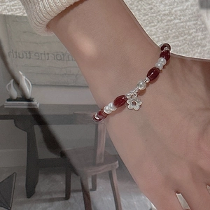 S925 sterling silver beaded bracelet with red agate, pearls and flower pendant