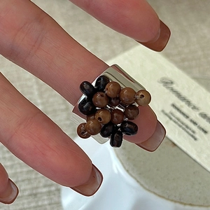 S925 sterling silver cluster bead ring with vintage brown beads and wide silver band