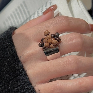 Retro handmade beaded S925 sterling silver ring with brown beads and wide silver band