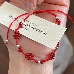 Handwoven 925 Sterling Silver Red String Bracelet Adjustable Braided Rope Red Floral Beads For Women Minimalist Jewelry Gift