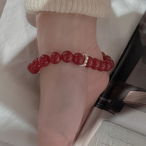 Minimalist S925 sterling silver red agate beaded bracelet on wrist with textured silver bead
