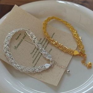 Bracelet Minimaliste en Argent Sterling 925 Texture Tissée pour Femmes Vintage Réglable Coeur Charm Chaîne Or Argent Bijoux