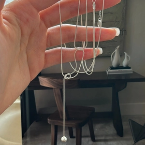 Minimalist S925 sterling silver snake chain necklace with round bead tassel detail