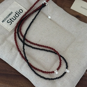Retro handmade beaded necklace set in dark red and black with silver heart charm