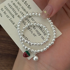 Bracciale e Anello Fragola in Argento Sterling 925 per Donna Gioielli Regolabili Vintage Stile Coreano Perline Smaltate