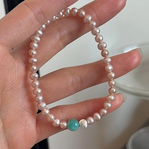 S925 sterling silver beaded bracelet with purple pearls and turquoise stone charm