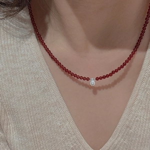 S925 sterling silver red beaded necklace with delicate silver pendant for women