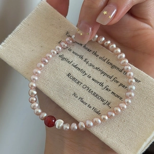 Handmade S925 sterling silver beaded bracelet with pink pearls and red agate bead