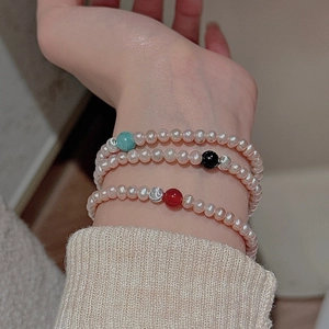 Three-layer S925 silver beaded bracelet set with white pearls and turquoise stones