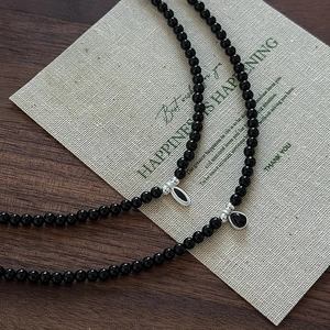 925 Sterling Silver Vintage Black Beaded Necklace Teardrop Oval Pendant Clavicle Chain Korean Style Personalized Women Jewelry