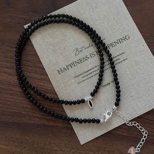 Vintage double-layered S925 silver necklace with black beads and oval pendant