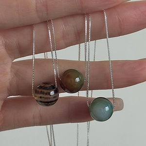 Vintage S925 Sterling Silver Beaded Necklace For Women Korean Minimalist Agate Stone Ball Pendant Choker Jewelry Fashion Daily Accessories