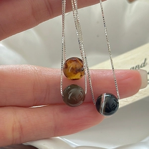 Collier Pendentif Perle Ronde en Argent Sterling 925 pour Femme Minimaliste Vintage Oeil de Tigre Agate Pierre Naturelle Bijoux