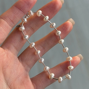 S925 sterling silver pearl bracelet featuring irregular freshwater pearls and metal tubes