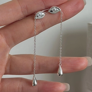 Vintage S925 sterling silver eye-shaped drop earrings with tassels and zircon stones