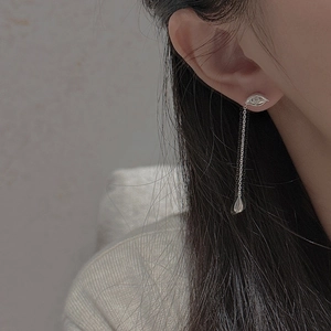 S925 sterling silver glasses-shaped stud earrings with long tassel and teardrop pendant