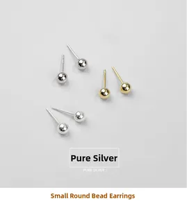 Tre paia di mini orecchini a lobo a sfera in argento sterling S925, finitura argento e oro