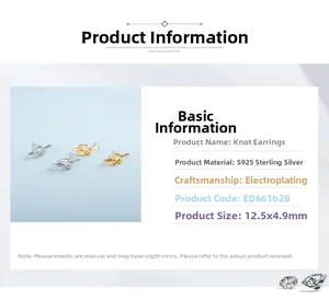 Detail card showing S925 sterling silver knotted stud earrings with product dimensions