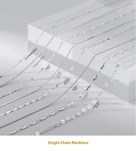 Detail of S925 sterling silver chain styles including snake, box, and beaded necklaces