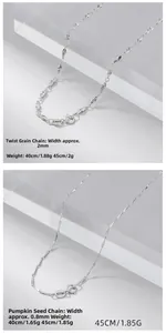Detail comparison of S925 silver wheat chain and melon seed chain with measurements