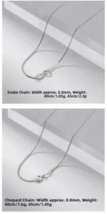 Detail view of 0.8mm S925 sterling silver snake and chopin chains with specifications