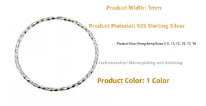 Detailed view of 1mm S925 sterling silver ring showing size chart and diamond-cut texture