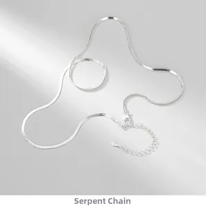 Close-up of S925 sterling silver snake chain necklace with lobster clasp and adjustable link