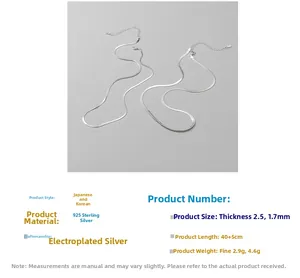 Close-up of S925 sterling silver snake blade chains in 1.7mm and 2.5mm width options