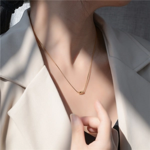 Minimalist S925 silver snake chain necklace with golden cylindrical tube pendant for women